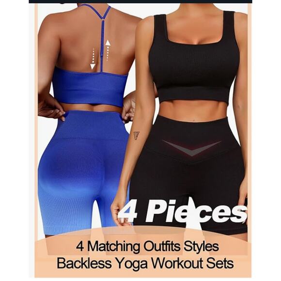2 Workout Outfits Sets 4 piece Seamless Backless Tank Sport Bra High Waist SMALL - Picture 2 of 5